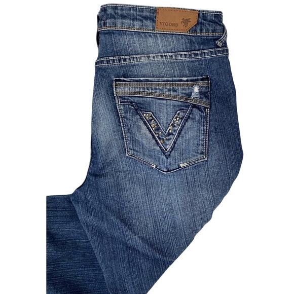 Vigoss Women's Denim Capri Pants Size 7 Cropped Embellished Distressed Cuffs EUC - Picture 5 of 9